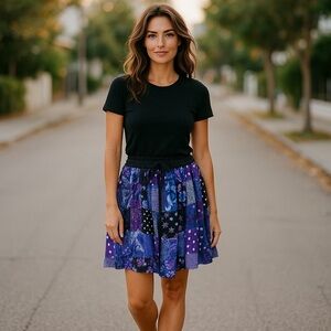 Purple & Black Patchwork Like Rayon Elastic Tie Waist Skirt